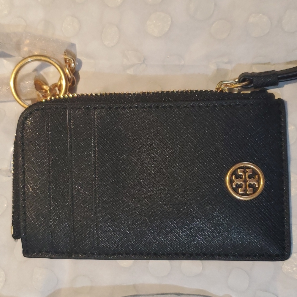 Tory Burch, Black Card Case Lanyard Wallet,New